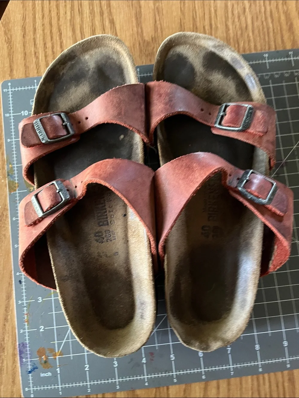 Red Leather Birkenstock Women Arizona Suede Double Buckle Sandals Size 40 /9/9.5